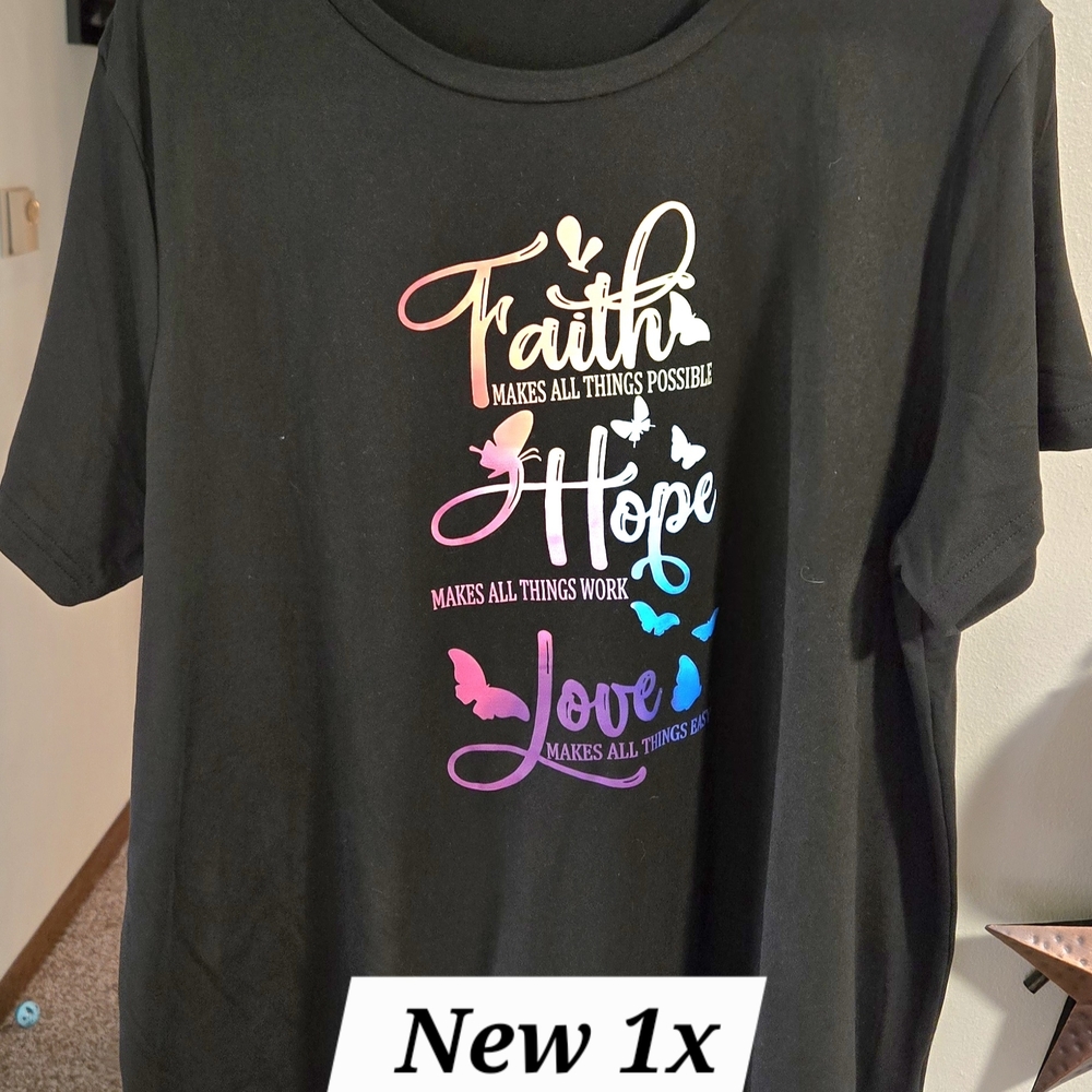 SHEIN Black Short Sleeve Tee with Rainbow Script 'Faith Hope Love'